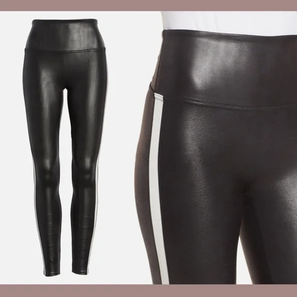 NWT $110‎ Spanx [ Small ] Side Stripe Faux Leather Leggings in Black/White - Picture 2 of 13